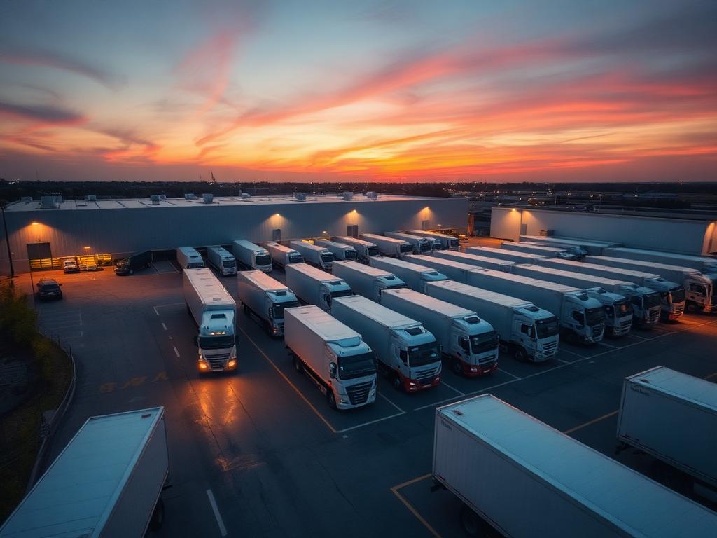 Pátio de transportadora com frota de caminhões ao entardecer